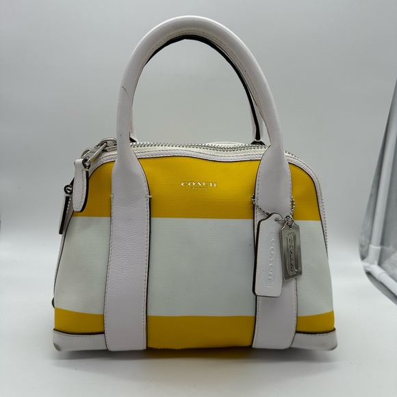Coach Bleecker Mini Preston Striped Canvas Leather Satchel  Yellow White - Picture 1 of 8
